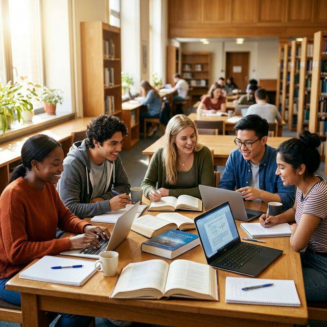 Students studying together in library